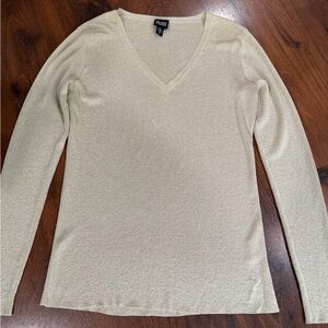 EILEEN FISHER Sweater Gold Metallic V-Neck Pullover Top Long Sleeves XS